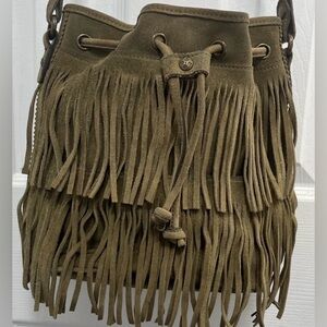 PATRICIA NASH Fringe Suede Bucket Bag - Olive Green